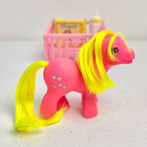 Vintage G1 My Little Pony Baby Shady BBE Pink Yellow w/ Accessories Hasbro 1986